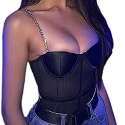 quecy Women's Sexy Bodysuit Tops Teddy Sleeveless Sling Crop Tops Push Up Bustiers Corsets Party Clubwear |A-Black |L image 1