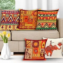 CIDIZY Jute Rajasthani Elephant Printed Cushion Covers, 16x16 Inch, Multicolour, Set of 5-picture-22