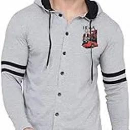 Men's Full Sleeve Hooded T-Shirt with Button Closure & Contrast Striped Sleeves | Stylish Cotton Blend Hoodie for Casual & Sportswear-image-4