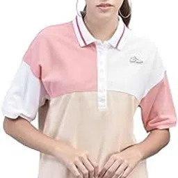 Women’s Multicolor Color-Block Polo T-Shirt – Oversized Loose Fit, Cotton Fabric, Seven-Button Placket, Vented Hem, Contrasting Collar Trim, Casual Summer Wear-image-17