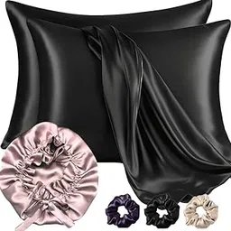 Atrube Satin Hair Bonnet with Adjustable Tie Band with satin pillowcases, Reversible Shower Cap,Scrunchies, Rose Taupe (Black)-image-13