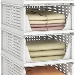 HOMIFLY Polypropylene 4 Pieces Wardrobe Organizer for Storage/Foldable & Stackable Closet Basket/Cupboard Organizer for Clothes/Space Saver for Kitchen(White), Clothing image 1