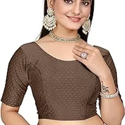 heefee Women's Round Neck Dobby Cotton Stretchable Half Sleeve Readymade Saree Blouse-picture-44