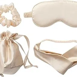 UUYYEO 4 Pcs Artificial Silk Sleep Masks Hair Scrunchies Headband and Pouches Soft Eye Mask Cover Stain Blackout Blindfold for Sleeping Wedding Bridesmaid Gifts Beige-picture-13