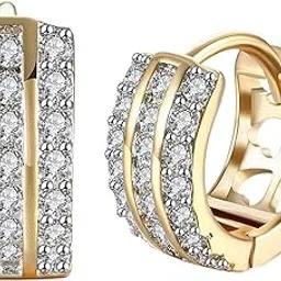 gslaoz 14K Rose Gold Plated Three Row Cubic Zirconia Small Huggie Hoop Earrings Fashion Jewelry for Men Women 0.6"-picture-46