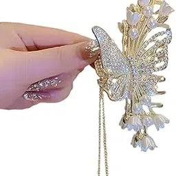 Korean Style Stone Studded Butterfly Hair Claw Clip Metal Clutcher Claw Clamps Wedding Hair Accessories For Women & Girls (Pack Of 1) (Gold)-picture-13