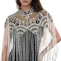 jedco Women Poucho Embroidered Cape with Fringe Details, Handcrafted Designer Poncho, Silver and Gold-picture-11