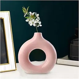 SPHINX Ceramic Donut Vase, Flower Vase Pampas Grass Vase, Vase Home Decor Centrepiece Decor for Home, Office, or Gifts-Vase Only - (Glossy Pink 6 Inches, 1 Piece)-image-8