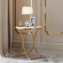 Device Bas with BROWN ART SHOPPEE Luxury Iron Side Table Living Room Sofa Corner Table Mdf Iron Small Round Table Simple Bedside Table & End Table For Living Room (Golden & White)-image-56