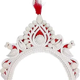 bengcraft Women Bengali Style Bridal Crown Shola Mukut Hair Accessories for Marriage and Weddings | Traditional Red White Design Solar Biyer Front Mutuk for Bride-picture-34