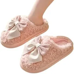 Women's Plush House Slippers with Satin Bow, Pink Fuzzy Memory Foam Indoor Shoes, Non-Slip Sole-picture-45