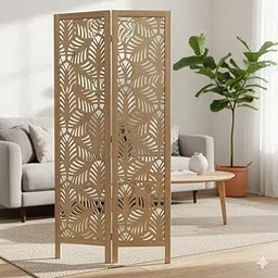 Handcrafted Wooden Room Divider Screen with Leaf Carving Design | Foldable Privacy Partition Panel | Decorative Room Separator for Living Room, Bedroom & Office – Natural Wood Finish image 1