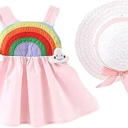 bold n elegant Sleeveless Colorful Rainbow Summer Princess Knee Length Dress Frock With 1 Hat And 2 Cloud Brooch For Infant Toddler Baby Girl's-picture-31