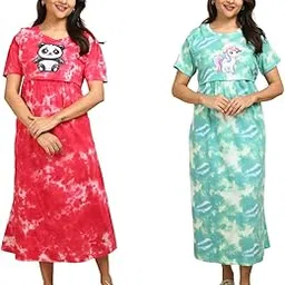 Maternity and Nursing Dress Set, Pack of 2, Tie-Dye Cotton Dresses with Unicorn and Panda Prints, Red and Green, Zipless Design-image-0