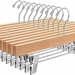 Amber Home 10 Pack Solid Gugertree Deluxe Wooden Pants Hangers Bottom Hanger Slacks Hanger Skirt Hanger with 2-Adjustable Clips (Natural, 10)-picture-32