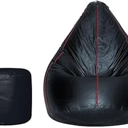 XXXL Black Bean Bag Lounger with Matching Red-Piped Stool Premium Oversized Faux Leather Chair Cover Without Beans Washable & Refillable Seating for Home-image-39