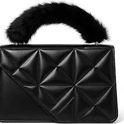 Women Quilted Fur Flap Sling Bag | Premium Black PU Crossbody Handbag with Magnetic Snap | Stylish Casual Shoulder Purse-image-38