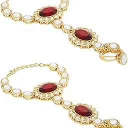 oomph Jewellery Combo of 2 Maroon Red Bridal Hathphool Hathpanja Bracelet with Ring - Kundan & Pearls For Women & Girls Stylish Latest (2P-BDP11_AOR1)-picture-58