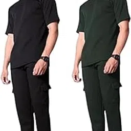 Men's Polyester Co-ord Set of 2 Casual loungewear T-Shirt & Jogger Pants Set Black (Black-Green-M)-picture-12