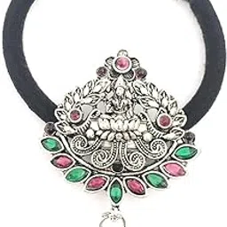 hair bands for women and girls black colour stones hair rubber bands (pack of 1) with oxidised silver color decoration hair ties fancy ponytail holders center clips for children-picture-27