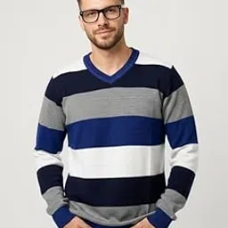 forwards V-Neck Striped Full-Sleeve Knitted Sweater for Men-picture-54