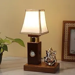 Green House Handmade Sheesham Wood Table Lamp | Ganesh Ji Idol, White Shade | 6W Warm White LED | Functional Clock | Living Room, Bedroom, Dining | Festive Diwali Decor | Corporate Gifting-picture-27