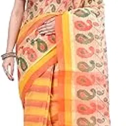 db desh bidesh Women`s Bengal Tant Kolka Print Design Pure Handloom Cotton Saree Without Blouse Piece (Red Yellow)-picture-14