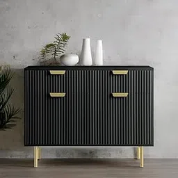 BONE INLAY INDIA Wooden 2 Drawer 2 Door Cabinet Black with Brass Handles & Legs | Modern Storage Sideboard 100x40x78cm-picture-20