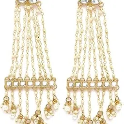 karatcart Gold Plated Pearl Chain Kundan Drop Earrings for Women-picture-48