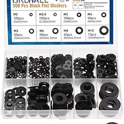 URLWALL 500Pcs Nylon Flat Washer Assortment Set, Washers Metric Sealing Spacer Gasket Ring Washers Set, 8 Sizes - M2, M2.5, M3, M4, M5, M6, M8, M10 (Black)-picture-23