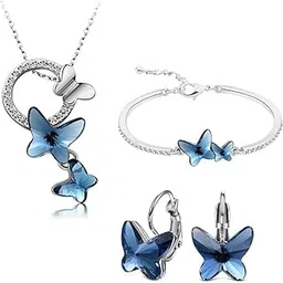 shining diva fashion Italian Designer Platinum Plated Crystal Butterfly Earrings Chain Pendant Necklace Combo Jewellery Set for Women and Girls (Blue) (14603s)-picture-16