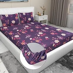 RD TREND Presents Elastic Bedsheets for King Size Bed (78X72X8 Inch),Glace Cotton 210 TC with 2 Pillow Covers(18 X 28 Inch) Color- Purple White Pattern-Floral-image-5