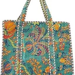 vaishnav exports Quilted Cotton Tote Bag, Floral Print, Turquoise with Orange and Blue Flowers, Striped Trim-picture-26
