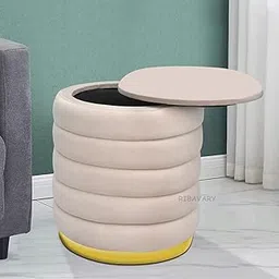 RIBAVARY Velvet Luxurious Round Ottoman Storage Box Dutch Velvet Pouffe Footstool, Footrest Vanity Stool with Lids for Bedroom Living Room Balcony Snack (with Storage, Cream)-picture-25