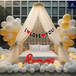 47 Pcs Romantic Tent Decoration Set – Love Foil Balloons, Heart Backdrop & Yellow White Balloons | Anniversary, Birthday, Kids & Couple Party Decoration Kit-picture-39