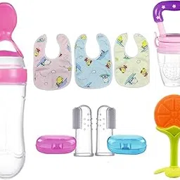 Silicone Baby Food Dispensing Spoon Bottle 90ML 1pc, Fruit Feeder/Nibbler/Pacifier 1pc, Fruit Shape Teether 1pc, Finger Tooth Brush 2pcs and Baby bib 3pcs (Combo of 8) (Multicolor)-picture-10