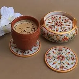 Artyog Marble Tea Coaster Set for Home Dining Table Office Desk (6 Coaster with Holder- Floral Painting)-picture-18