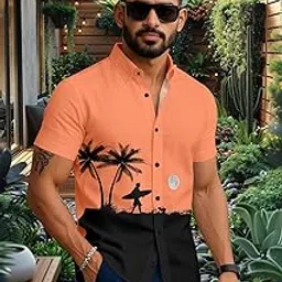 lamboo Men's Hawaiian Style Tropical Sunset Beach Print Button Up Fashion Branded Digital Printed Stretchable Fabric Half Sleeve Cut Away Collar Casual Shirt-picture-48