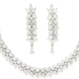 Rhodium Plated Silver Toned American Diamond Crystal Radiant Necklace With Earring Jewellery Set For Women & Gifts For Girls-image-72