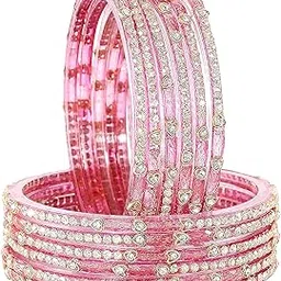Latest Glass Bangles For Women & Girls with Golden Zircon Diamond Stone & Beads Work | Trending Transparent Glass Bangles | Glass Chudi Set | Traditional Girl's Bangles Bracelet-Set of 12-image-0