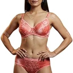 Floral Embroidered Satin Lingerie Set, Coral Pink, Bra and Panty Set-picture-40