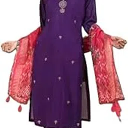 Women's Salwar Kameez Set, Purple and Red with Embroidered Design, Traditional Indian Ethnic Suit with Contrast Dupatta-image-61