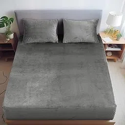 The Little Big Store 250 TC Flannel Warm Elastic Solid Fitted Double bedsheet Cotton King Size for Winter King Size(78X72X8 Inch) with 2 Pillow Covers Size (18x28 Inches), Gray image 1
