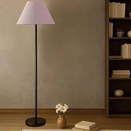 Devansh Cotton Round Drum Shade Floor Lamp | Height - 58 Inches, Grey | Stylish Wooden Base with Iron Stand | Contemporary Corner Lighting for Home Décor, Bedroom, Living Room | Modern Floor Light-picture-35