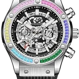 giordano Multi-Function Watch for Men | Rainbow Crystal Bezel | Skeleton Dial | Black Sillicon Strap-picture-48