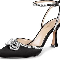 Ankis Women's Rhinestone Bow Heels Closed Toe Pumps Strappy Heels for Women Wedding Shoes for Bride Party Prom Evening Dress Shoes-image-0
