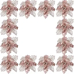 HEALLILY Christmas Poinsettia Flowers Artificial Glitter Flowers Christmas Tree New Year Ornaments 1Set 12Pcs-image-1