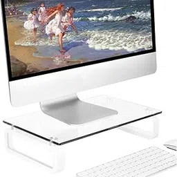 Clear Computer Monitor Stand Riser Multi Media Desktop Stand for Flat Screen LCD LED TV, Laptop/Notebook/Xbox One, with Tempered Glass and Metal Legs, HD02T-001-picture-16
