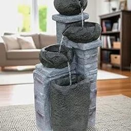 4-Tiered Rock Bowl Water Fountain with Stone Column Base - Indoor/Outdoor Cascading Water Feature (Dark Gray)-picture-12