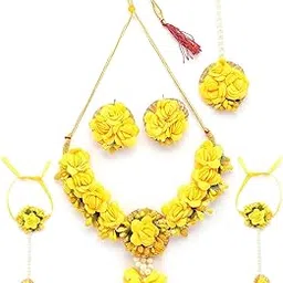 Creative Stylish Fashion Flowers Handmade Jewellery Set for Haldi Gota Patti Necklace Earrings HathPanja & Maangtikka for Women & Girls|Mehandi/Haldi/Wedding/Bridal/Baby Shower-image-31